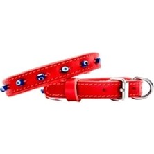 Velora Hakiki Deri Kırmızı Kedi ve Köpek Tasması, Nazar Boncuklu, 38CM x 1,5cm