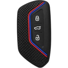 Velora Autohan Keys Golf 8, Caddy, Tiguan 2024, Cupra Formenter, Leon Uyumlu Siyah Petek Desenli Anahtar Kılıfı, Mavi-Kırmızı Şeritli