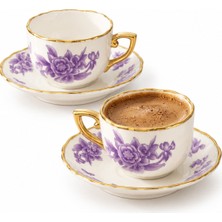 Viracasa Spring 2 Kişilik Kahve Fincan Takımı Çiçek Desenli Gold Yaldızlı Türk Kahvesi Fincanı Mor Ç