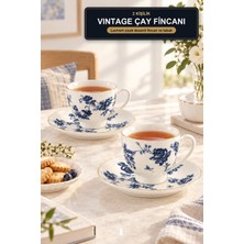 Viracasa Vintage 2 Kişilik Çay Fincanı Takımı Lacivert Çiçek Desenli Fincan ve Tabak
