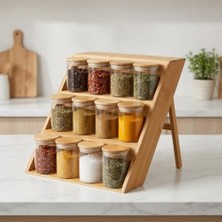 Esplendor Deconox Bambu Standlı 12’li Baharatlık Seti, 200 ml Borosilikat Cam Kavanoz, Bambu Vakum Kapaklı, Tezgâh Üstü ve Çekmece Içi Düzenleyici