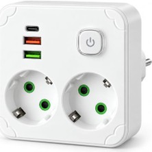 Esplendor Orret Home Beyaz Duvar Tipi Golyat Priz, 2 Topraklı Priz Girişi, 2 Usb-A ve 1 Type-C Şarj Portu, Açma Kapama Anahtarlı, Akım Korumalı Çoklu Priz Adaptörü, 2500 Watt Kompakt Fişli Priz Çoğaltıcı