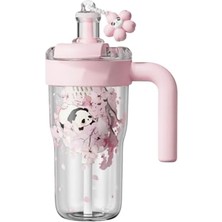 Esplendor 860ML Sevimli Hayvanlar Süslü Pipetli/pipetsiz Kulplu Detokslu Tritan Çocuk Matarası (Pembe Panda)