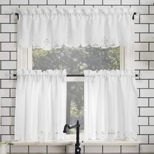 Str Store Mariela Çiçek Desenli Yarı Şeffaf Çubuk Cep Mutfak Perdesi Saçak ve Kat Seti, 147 cm x 60 Cm, Beyaz