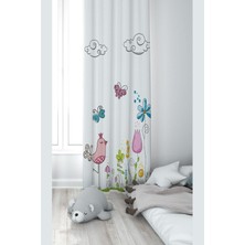 Esplendor Pelangi Beyaz Kuş ve Doğa Desenli Dijital Baskı Yıkanabilir Bebek Çocuk Odası Fon Perdesi, Çok Renkli 70 x 270