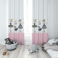 Esplendor Pelangi Pembe Beyaz Balerin Desenli Dijital Baskı Yıkanabilir Bebek Çocuk Odası Fon Perdesi, Gri-Beyaz-Pembe 70 x 240