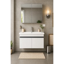 DMZ Home Concept Arista 80 cm Beyaz Banyo Dolabı Takımı – Tamamı MDF, Seramik Lavabolu, Alt Dolap ve Aynalı Üst Dolaplı