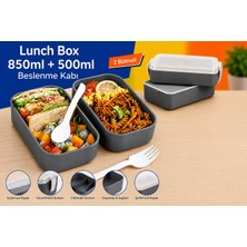 Esplendor Dordoi Astrallife 2 Katlı Beslenme Kabı 850 ml + 500 ml Bölmeli Lunch Box Çatal Kaşık Seti Gri Renk