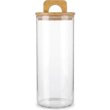 Esplendor Deconox Bambu Kapaklı Yuvarlak Borosilikat Cam Kavanoz 1500 Ml, 10 × 25 Cm, Contalı Kulplu Şeffaf Spagetti Makarna ve Kuru Gıda Saklama Kabı