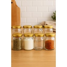Esplendor 8 Adet 105 ml Baharatlık Mama Şekerleme Çok Amaçlı Metal Kapaklı 105 cc Kısa Cam Kavanoz (Gold)