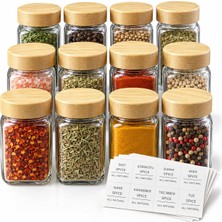 Esplendor 12'li Bambu Kapaklı Cam Baharatlık Seti 120 ml Şeffaf Cam, Sağlıklı ve Şık Baharat Kavanozları (Bambu Kapak)