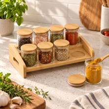Esplendor Deconox Bambu Tezgâh Üstü 8’li Cam Baharatlık Seti 220 Ml, Kapaklı Cam Baharat Kavanozu ve Ahşap Görünümlü Bambu Düzenleyici Stand