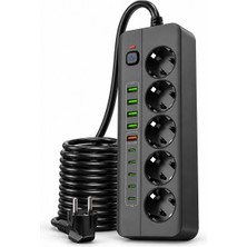 Esplendor Pro P13 3000W Akım Korumalı Uzatma Grup Priz – 5 Soket, 5 Type-C, 4 Usb, 1 Qc 20W Hızlı Şarj Portu, Açma/kapama Düğmeli Uzatmalı Çoklu Priz, Siyah