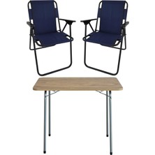 Esplendor Bofigo 60X80 Çam Desenli Katlanır Masa + 2 Adet Katlanır Sandalye Kamp Seti Bahçe Takımı Lacivert