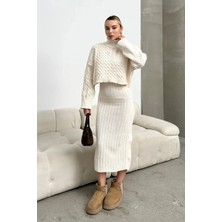 Rmy Moda Boğazlı Örgü Motifli Crop Kazak ve Triko Elbise Takım