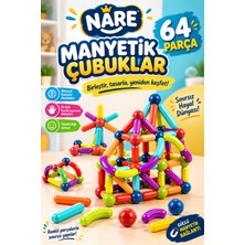 Nare 64 Parça Manyetik Çubuk ve Top Eğitici Zeka Oyuncağı – Renkli Mıknatıslı Yapı ve Şekil Oluşturma Seti