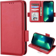 Str Store iPhone 16E Uyumlu Deri Görünümlü Kapaklı Kartlıklı Standlı Kamera Koruyuculu Kılıf (Kırmızı, iPhone 16E)