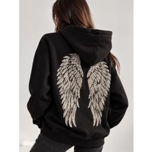POLYMOOD Pul Işlemeli Melek Kanatlı Demir Fermuarlı Içi Polar Kapüşonlu 3 Iplik Şardonlu Oversize Streetwear Trend Sweatshirt