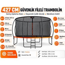 Vayne Lusk 427 cm 14 Feet Güvenlik Fileli Trambolin, 80 Yaylı, Merdivenli, Çelik Iskeletli Bahçe Trambolini – Turuncu