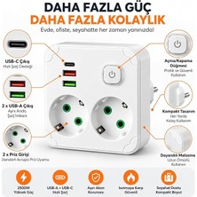 Home Beyaz Duvar Tipi Golyat Priz, 2 Topraklı Priz Girişi, 2 Usb-A ve 1 Type-C Şarj Portu, Açma Kapama Anahtarlı, Akım Korumalı Çoklu Priz Adaptörü, 2500 Watt Kompakt Fişli Priz Çoğaltıcı