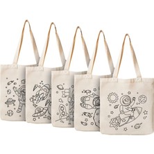 Uzay Temalı Boyama Çantası 5'li Set - 20X30 cm Bez Boyama Çantası - Çocuklar Için Boyanabilir Aktivite Çantası - Keçeli Kalem ve Kumaş Boyasına Uygun