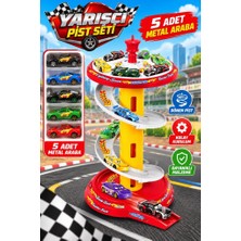 Farbu Oyuncak Şimşek Mcqueen Temalı 5 Metal Arabalı 57 cm Dönen Piston Şekilli Yarış ve Otoparklı Oyuncak Set