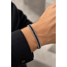 Valmont Siyah Kristal Taşlı Zincir Model 18+5 cm Ayarlanabilir Gümüş Renk Erkek Çelik Bileklik