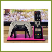 Bezos 3D Baskı Oyun Kolu ve Tv Kumanda Standı Çift Bölmeli Masaüstü Kumanda Tutucu Organizer - Pembe Vlr