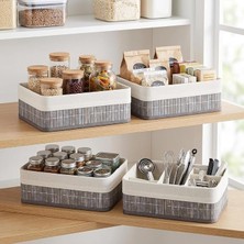 Bambu Detaylı Çok Amaçlı Saklama Kutusu – 25X15X8 cm Dekoratif Kumaş Organizer | Mutfak, Banyo, Dolap Içi ve Raf Düzenleyici | Çekmece Içi Derin Organizer Kutu Gri (4 Adet)