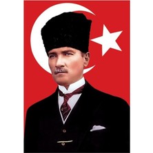 Sanat Kalpaklı Atatürk Resmi, Atatürk Imzalı Türk Bayrağı 50X75CM.