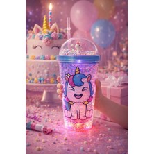Yakup Tokatlı Moda Ytm Unicorn Temalı LED Işıklı Suluk Buzlu Cam Görünümlü 450 ml Çift Katman Mika Su Şişesi 2646 Mavi