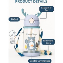 Herovia Geyik Figürlü Pipetli Su Matarası 700 ml Askılı Sticker Hediyeli Çocuk Suluk Gıda Sınıfı Plastik Kapaklı Sızdırmaz Matara Okul Spor Seyahat (Mavi)