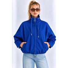Mevese Kadın Oversize Fit Fermuarlı Dik Yaka Cepli Bomber Ceket - Saks