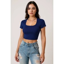 Lux Store Kadın Lacivert Yarım Kol Düz Yaka Crop Top Bluz - Şık, Rahat ve Kolay Kombinlenebilir