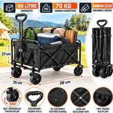 Asil Katlanır Portatif Taşıma Arabası 60 Litre 70 kg Kamp Piknik Plaj Pazar Market Koli Paket Yük El Arabası Su Geçirmez 360 Derece Tekerlekli