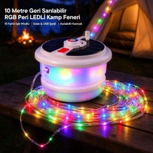 Popüler Sepet 10 Metre Geri Sarılabilir Rgb Peri Ledli, 15 Renk Işık Modlu, Solar Güneş Enerjili ve USB Şarjlı, Asılabilir Atmosferik Kamp Aydınlatması