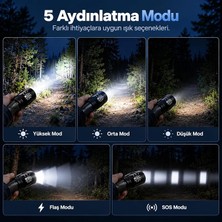 MSP Güçlü LED El Feneri, 10W Ultra Parlak Işık, 5 Farklı Mod, Zoom Özellikli, Dayanıklı Aluminyum Gövde