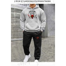 Zoka Wear Hellfire Club Dizi Stranger Things Baskılı Üst Gri Alt Siyah Kapşonlu Takım