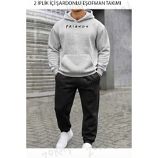 Zoka Wear Friends Dizi Baskılı Üst Gri Alt Siyah Kapşonlu Takım