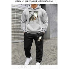 Zoka Wear Jumanji Baskili Unisex Baskılı Üst Gri Alt Siyah Kapşonlu Takım