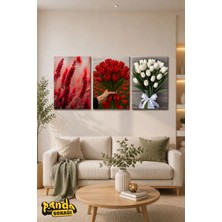 Panda Sokağı 3'lü Kırmızı Lale ve Beyaz Çiçek Temalı Ahşap Uv Baskı Tablo Seti 30X42 cm – Modern Salon, Yemek Odası ve Ev Dekorasyonu