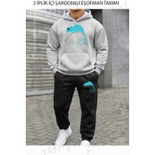 Zoka Wear Fibonacci Spirali Bukalemun Baski Baskılı Üst Gri Alt Siyah Kapşonlu Takım