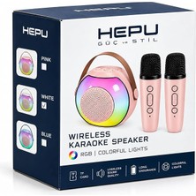 MSP Wireless Rgb Işıklı Kablosuz Karaoke Hoparlör Seti – 5W Güçlü Ses 2 Adet Kablosuz Mikrofon Tf Kart/tws Destekli Taşınabilir Hoparlör (Pembe)