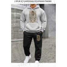 Zoka Wear Aslan Burcu Leo Astoloji Gotik Burc Baskılı Üst Gri Alt Siyah Kapşonlu Takım