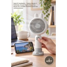 Yenilig 2 Adet Şarjlı El Vantilatörü – Telefon Standlı, 3 Kademeli, Tavşan Figürlü Masa Fanı Beyaz F67, Portable Handheld Desk Fan