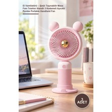 Yenilig 3 Adet El Vantilatörü – Şarjlı Taşınabilir Masa Fanı Telefon Standlı 3 Kademeli Ayıcıklı Pembe Portable Handheld Fan
