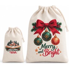 StepCo Yılbaşı Desenli Bağcıklı Kumaş Hediye Kesesi, 2li Set, Yılbaşı Noel Hediye Paketi Kesesi 20X25CM, 9X15CM
