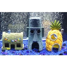StepCo Spongebob Kare Pantolonlar Resmi Lisanslı 3 Parça Akvaryum Süsleme Paketi - Spongebob'un Ananas Evi, Squidward'ın Paskalya Adası Evi ve Krusty Krab