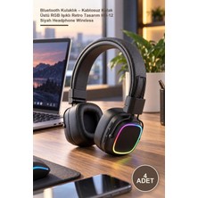 Yenilig 4 Adet Bluetooth Kulaklık – Kablosuz Kulak Üstü Rgb Işıklı Retro Tasarım Hd-12 Siyah Headphone Wireless