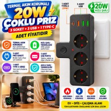 Aydogan's Yumurcak Shop Termal Akım Korumalı 3 Adet Soket,3 Adet USB ve 1 Adet Type-C Girişli 20W Priz Mode